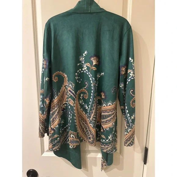 Soft Surroundings Faux Suede Paisley Open Front Waterfall Jacket Boho M NWT - Picture 10 of 10